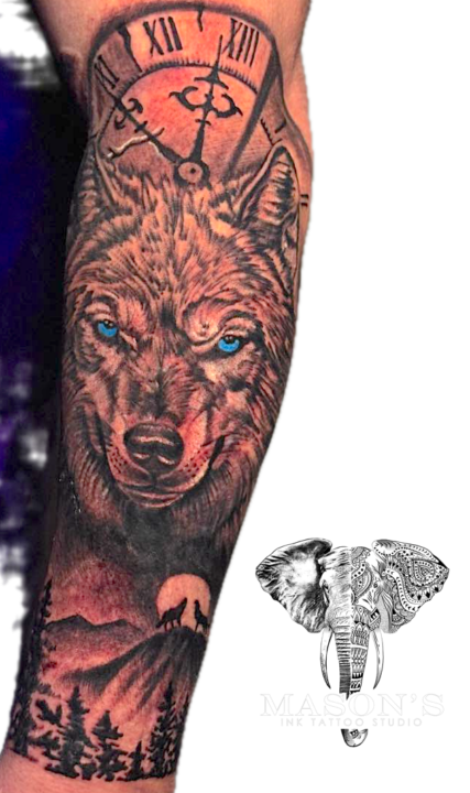 Tattoo Style Realism Wolf, Antique Clock and Forest