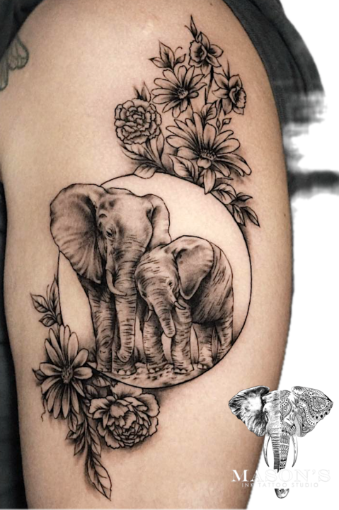 Realism Floral Elephant Tattoo Design