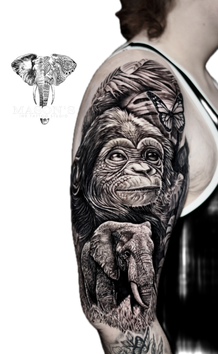Tattoo Style Realist Jungle Elephant and sympashe