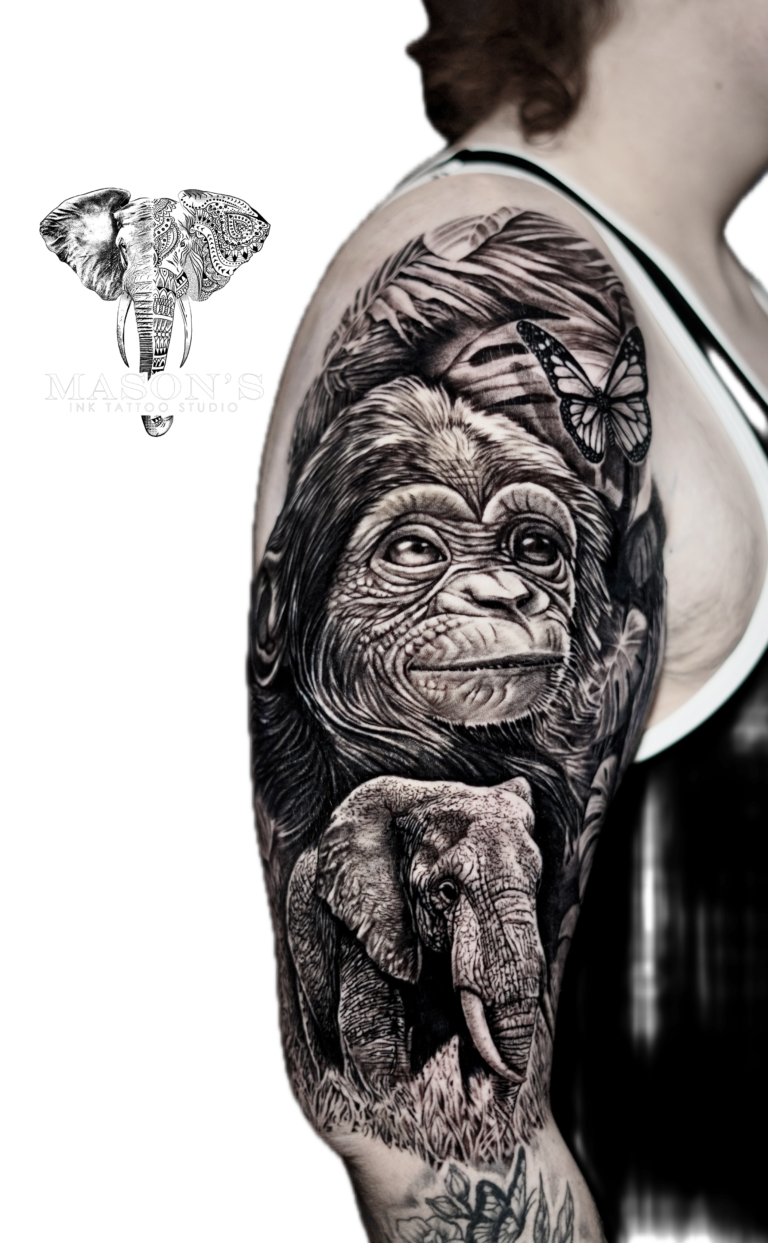 Tattoo Style Realist Jungle Elephant and sympashe