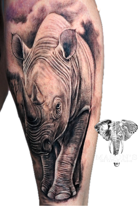 Black and Grey Realism Rhino Tattoo Design