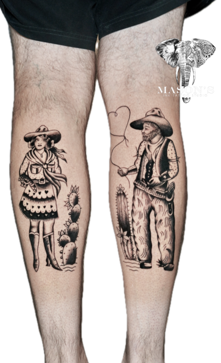 Traditional Cowboy Couple Tattoo Design