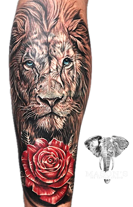 Color Realism Lion Flower Tattoo Design