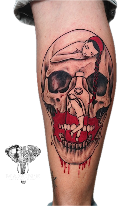 Traditional Color Skull and Woman Tattoo Design