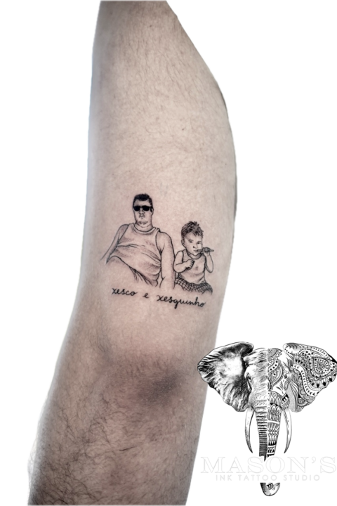 Black and Grey Father and Son Realism Tattoo Design