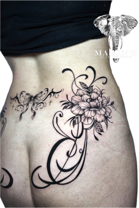 Black and Grey Fineline Floral Tattoo Design