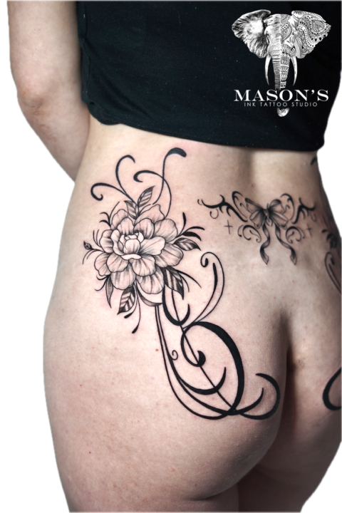 Black and Grey Floral Fine Line Tattoo Design