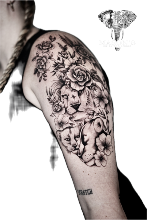 Black and Grey Floral Lion Simba Family Tattoo Design