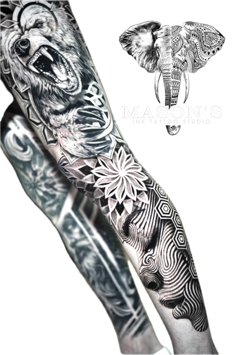 Black and Grey Mandala Bear Face Realism Tattoo Design