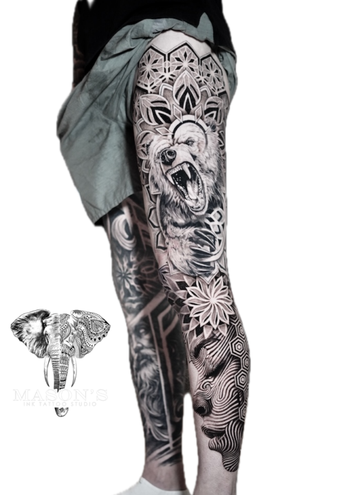 Black and Grey Mandala Bear Face Realism Tattoo Design