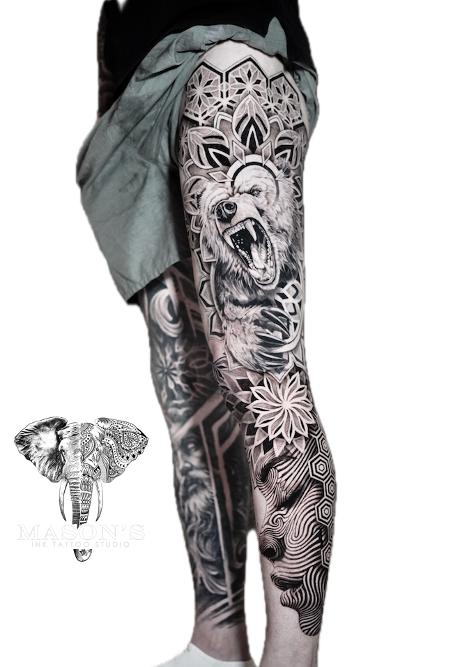 Black and Grey Mandala Bear Face Realism Tattoo Design