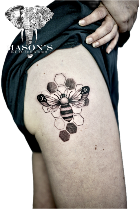 Black and Grey Realism Bee with Beehive Tattoo Design