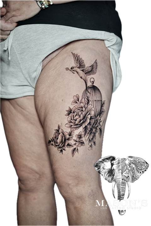 Black and Grey Realism Bird and Floral Tattoo Design