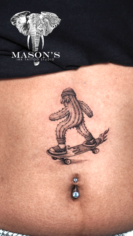 Black and Grey Realism Cactus Man Skateboard Tattoo Design
