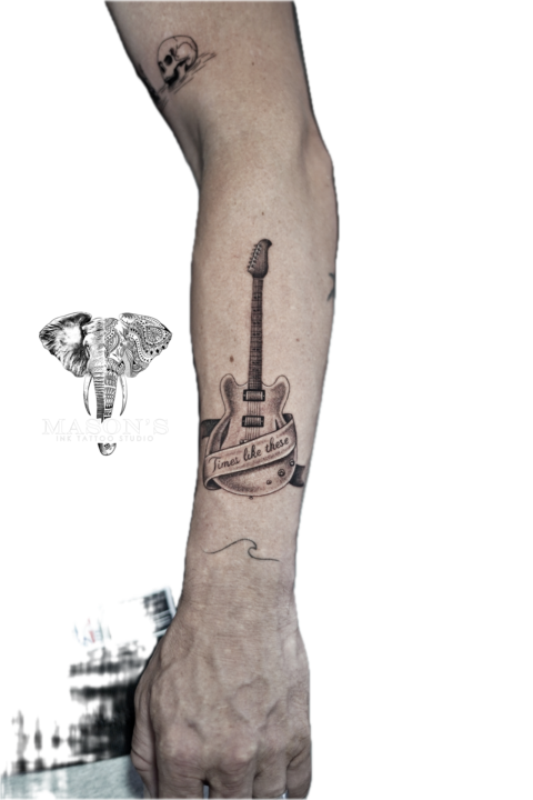 Black and Grey Realism Guitar Times Like These Tattoo Design
