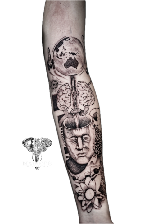 Black and Grey Realism Brain Face Globe Rocket Tattoo Design