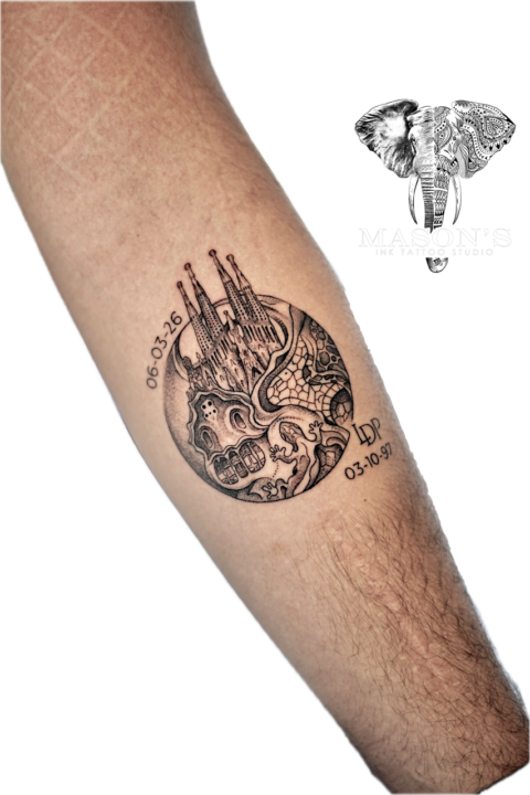 Black and Grey Realism Palace Script Tattoo Design