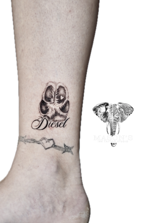 Black and Grey Dog Paw with Script Diesel Tattoo Design