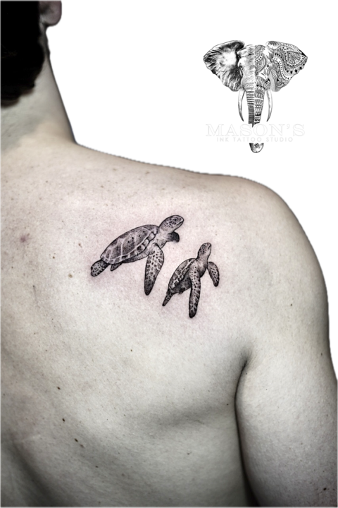 Black and Grey Realism Sea Turtle Tattoo Design