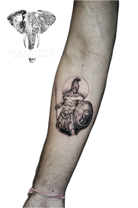 Black and Grey Realism Spartan Tattoo Design