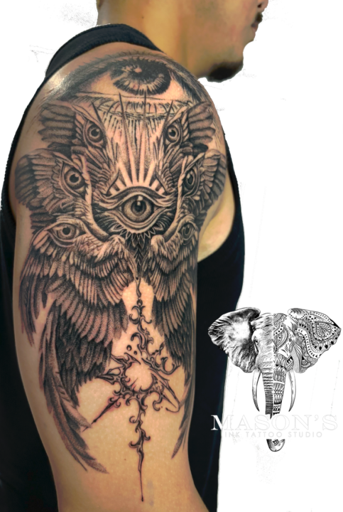 Black and Grey Realism Wings and Eye Tattoo Design