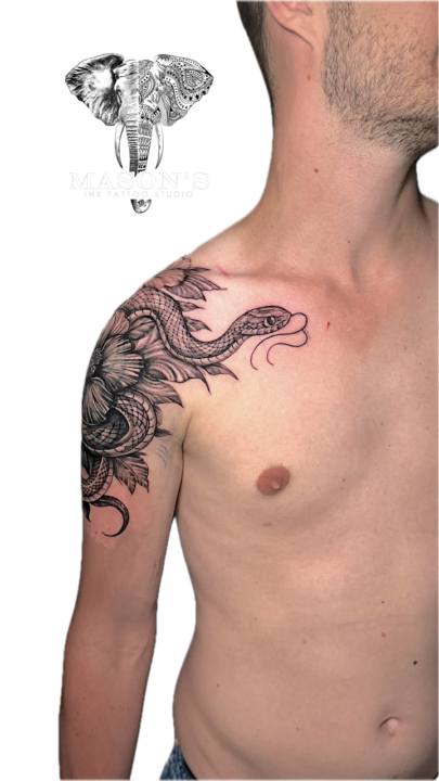 Black and Grey Snake and Floral Tattoo Design