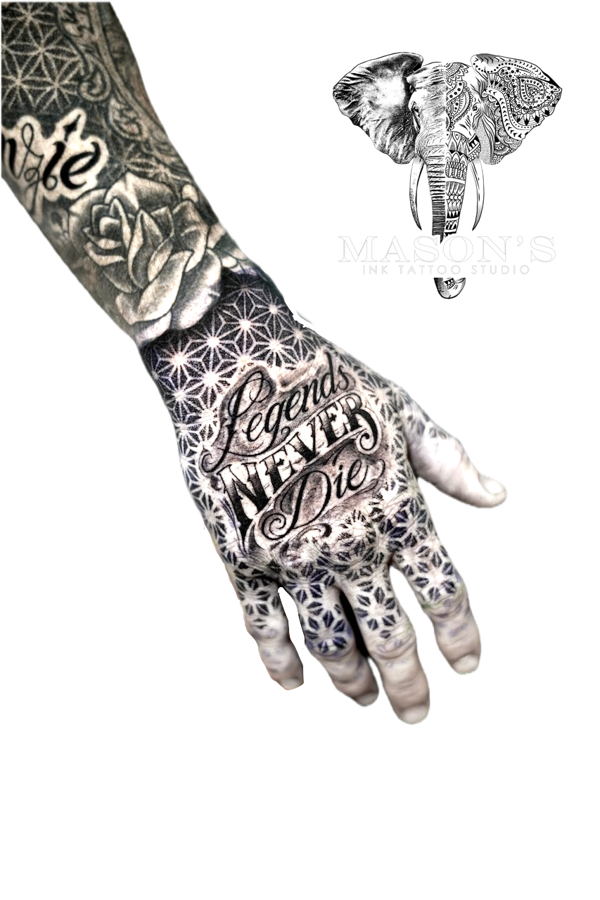 Black and Grey Tattoo Style Script with Mandala Background