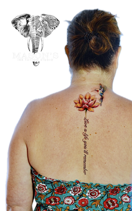 Color Lotus Bird and Script Tattoo Design