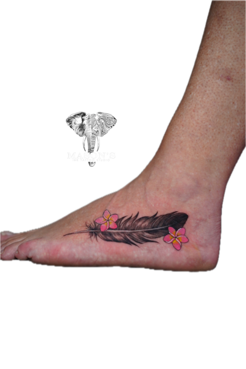 Feather and Floral Realism Tattoo Design