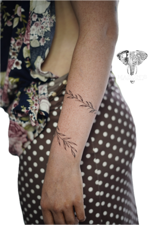 Fine Line Floral Leaves Armband Tattoo