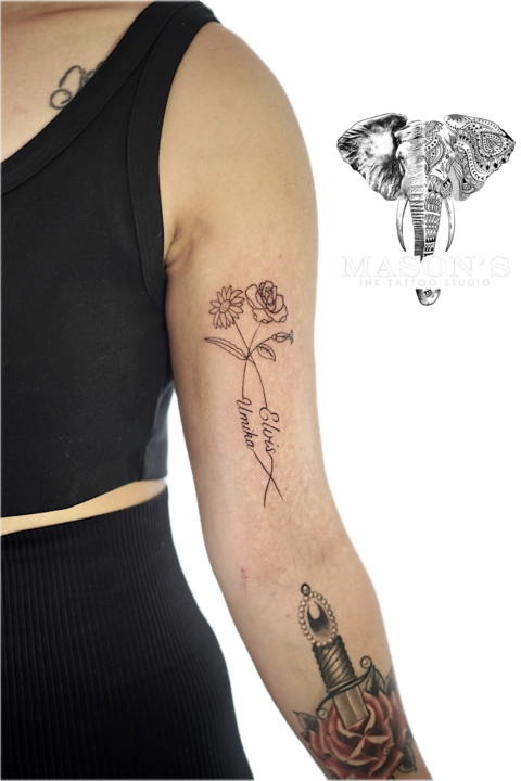 Fine Line Floral and Script Tattoo Design
