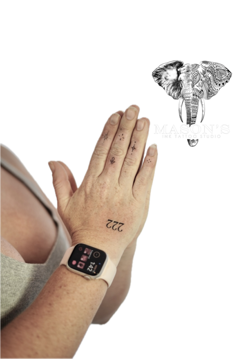 Fine Line Star and Script Tattoo Design