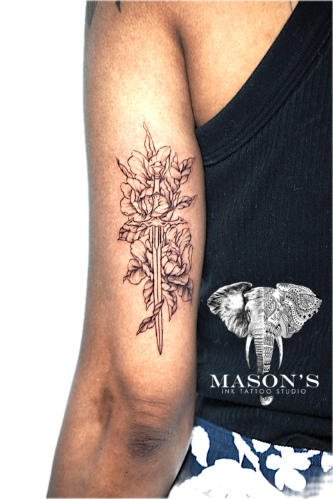 Fineline Floral Sword Tattoo Design