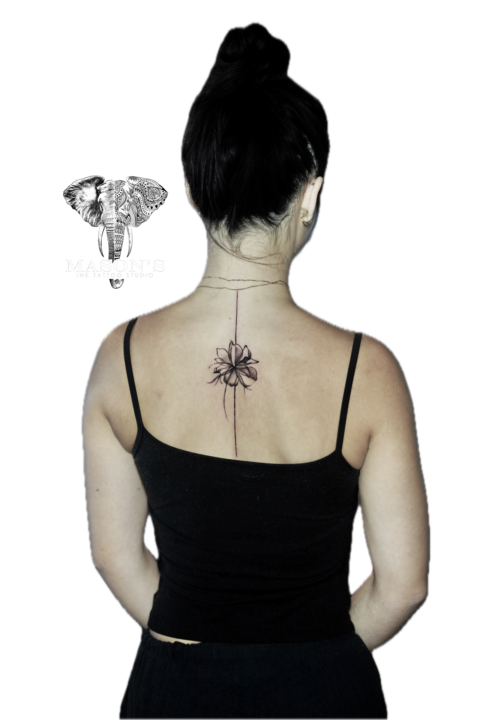 Fineline Floral Back Tattoo with Center Line Design