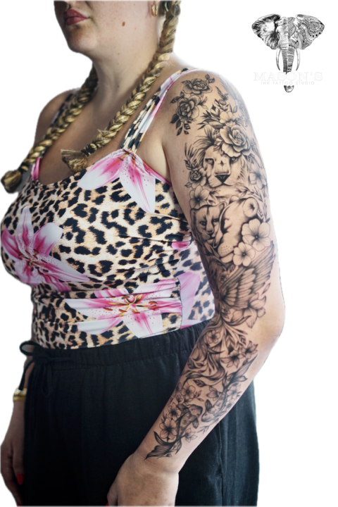 Lion Family Floral Black and Grey Tattoo Design