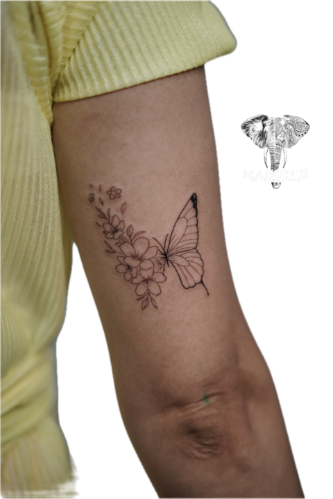 Floral Butterfly Fine Line Tattoo Design