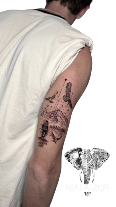 Geometric Realism Man Exploring Mountain Forest Tattoo Design