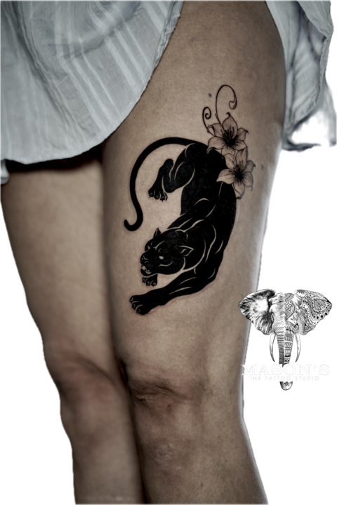 Japanese Blackwork Tiger and Flower Tattoo Design