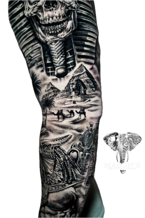 Black and Grey Egypt Pyramid Kingdom Tattoo Design