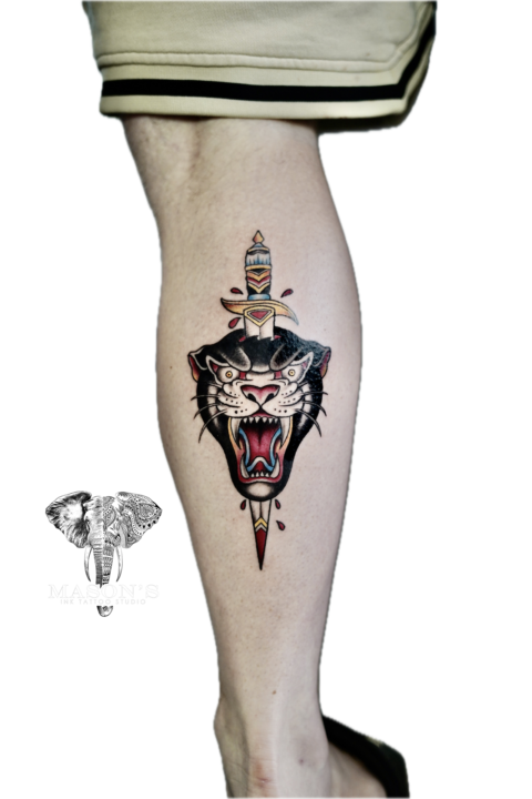 Neo Traditional Tiger Head and Knife Tattoo Design