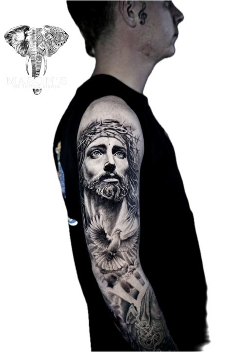 Black and Grey Realism Jesus with Bird Cloud Tattoo Design