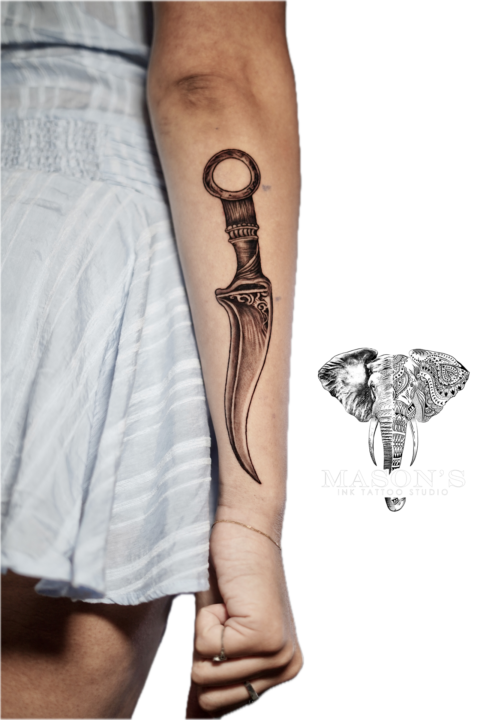 Black and Grey Realism Knife Tattoo Design
