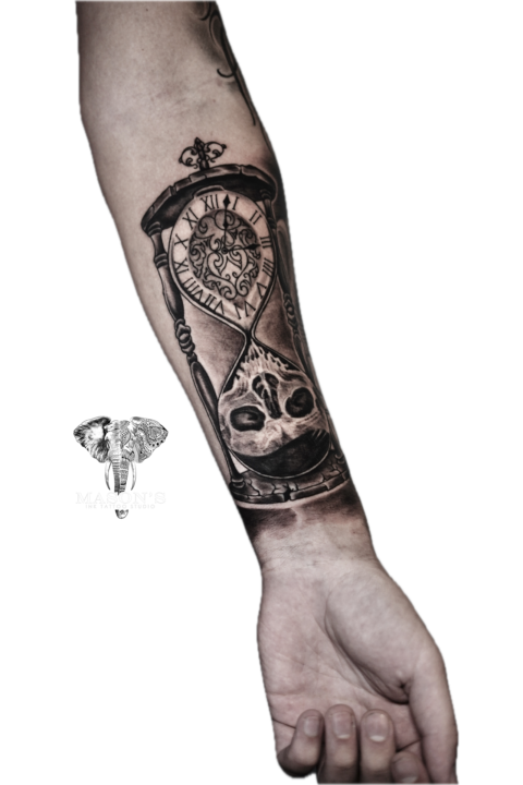 Black and Grey Skull Hourglass Tattoo Design