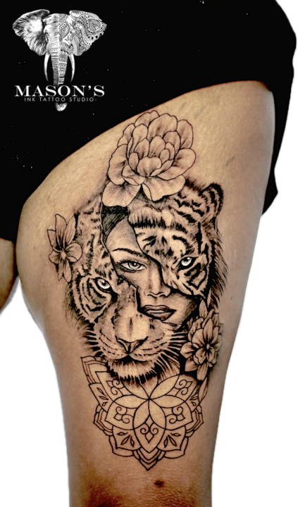 Realism Black and Grey Tattoo Style Tiger and She with Flower