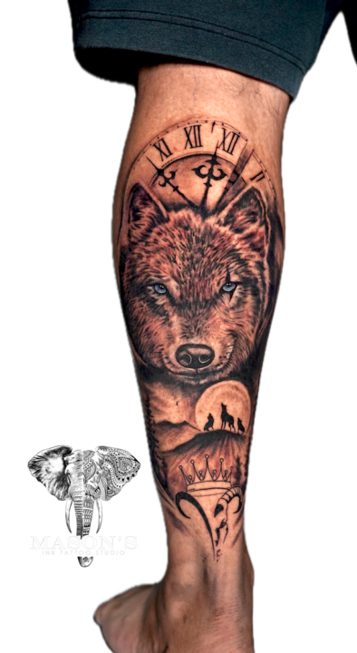 Realism Wolf and Clock Tattoo Design