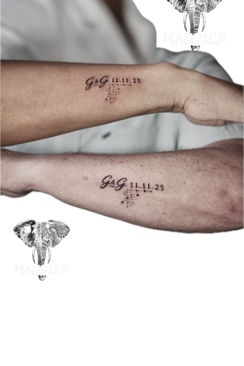 Fineline Couple Marriage Date Tattoo Design
