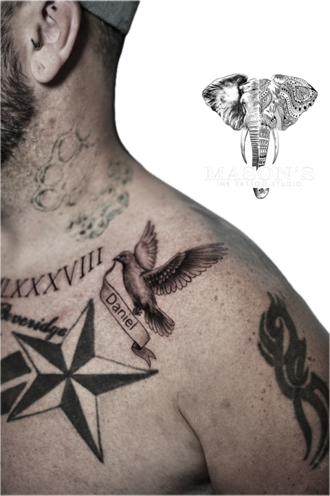 Blackwork Bird and Script Tattoo Design