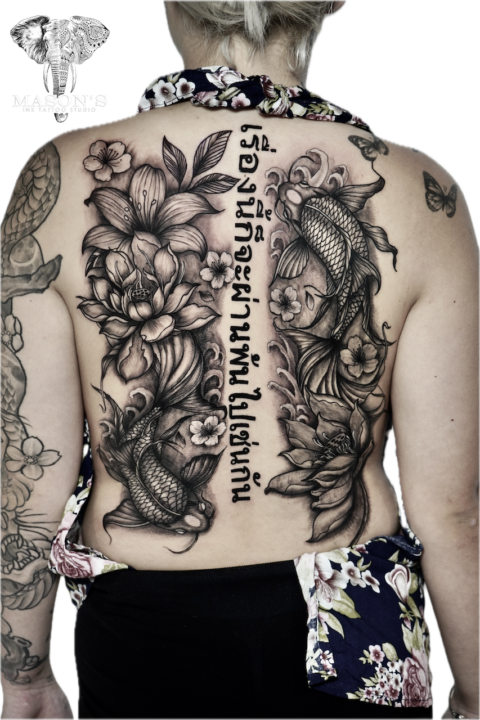 Black and Grey Japanese Koi Fish and Flower Tattoo Design