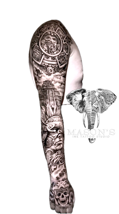 Black and Grey Realism Man and Statue Tattoo