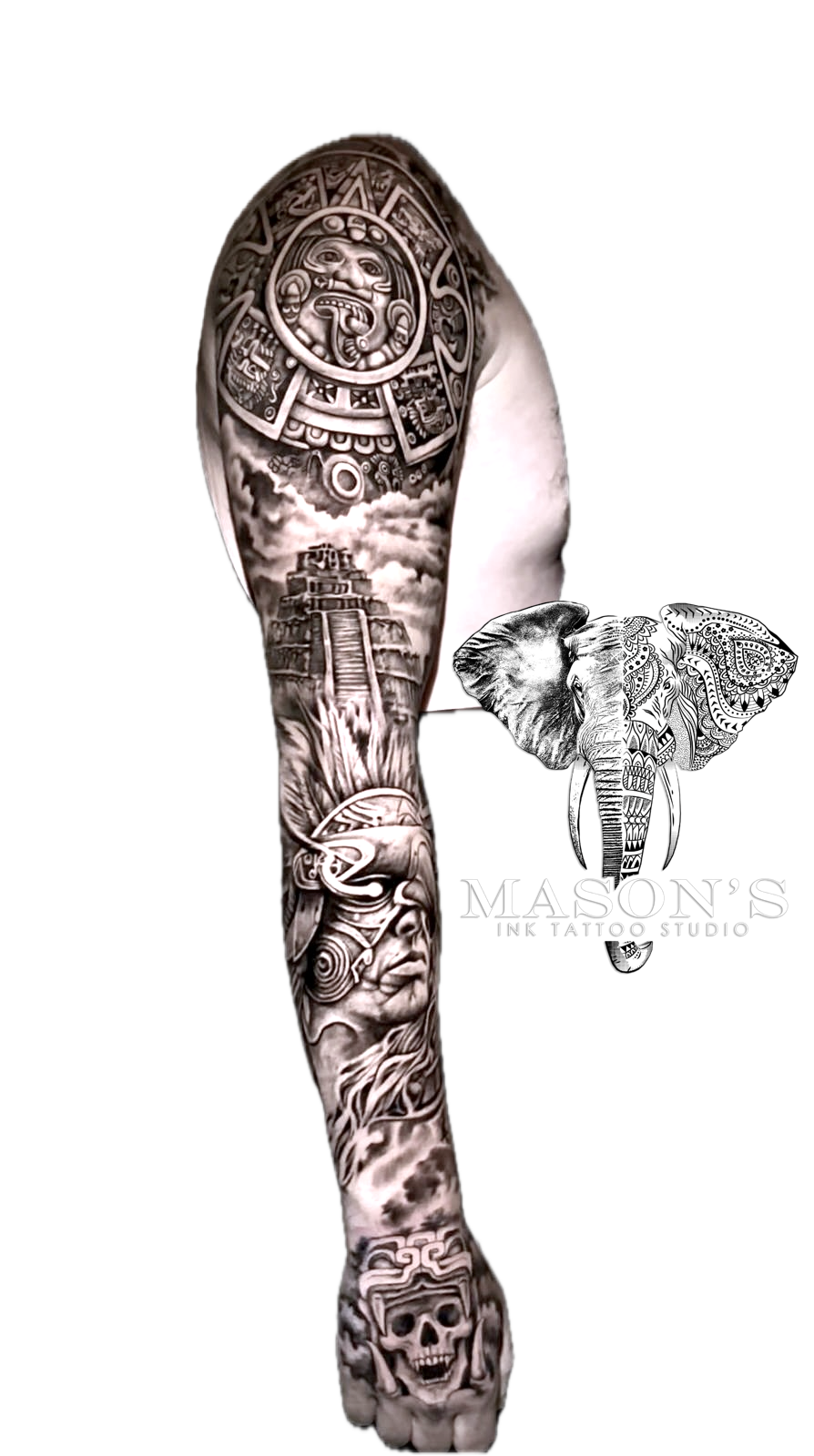 Black and Grey Realism Man and Statue Tattoo